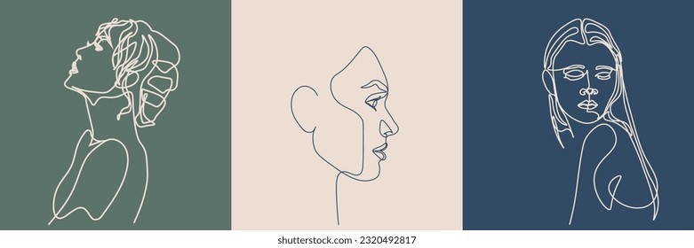 Surreal Faces Continuous line, drawing of set faces and hairstyles, fashion concept, woman's beauty, minimalist, vector illustration, pretty sexy. Love yourself and take care of yourself.