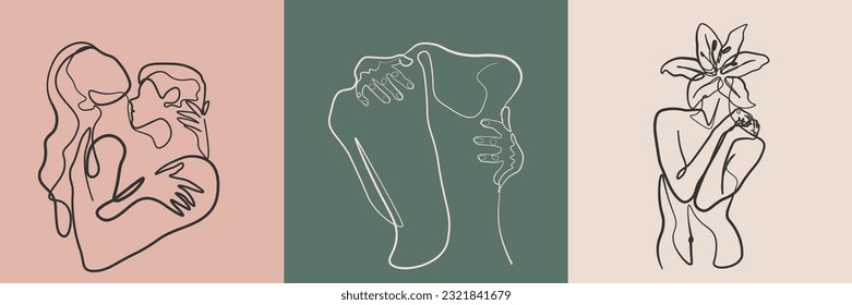 Surreal Faces Continuous line, drawing of set faces and hairstyles, fashion concept, woman's beauty, minimalist, vector illustration, pretty sexy. Love yourself and take care of yourself.