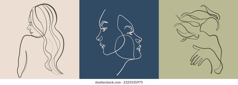 Surreal Faces Continuous line, drawing of set faces and hairstyles, fashion concept, woman's beauty, minimalist, vector illustration, pretty sexy. Love yourself and take care of yourself.