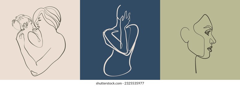 Surreal Faces Kontinuierliche Linie, Zeichnung von Gesichtern und Frisuren, Mode-Konzept, Frau's Schönheit, minimalistisch, Vektorgrafik, ziemlich sexy. Liebe dich und pass auf dich auf!