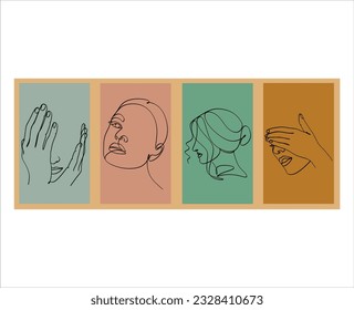 Surreal Faces Continuous line, drawing of set faces and hairstyles, fashion concept, woman's beauty, minimalist, vector illustration, pretty sexy. Love yourself and take care of yourself.