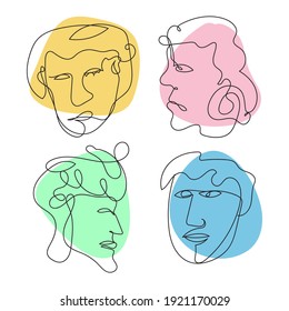 Surreal faces, modern contemporary abstract faces silhouettes. Hand drawn outline illustration with continuous line style.