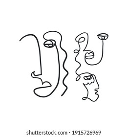 Surreal faces. One line drawing. Abstract faces set drawn by Cubist artist in monochrome minimalism style. Vector design for print, decor, poster, pattern, art for clothes. 