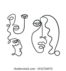 Surreal faces. One line drawing. Abstract faces set drawn by Cubist artist in monochrome minimalism style. Vector design for print, decor, poster, pattern, art for clothes. 