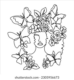 Surreal Faces in One Line, drawing of set faces and hairstyles, fashion concept, woman's beauty, minimalist, pretty sexy. Contemporary portraits with a positive attitude and surrounded by flowers.