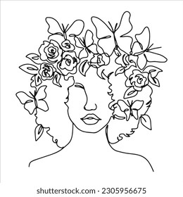 Surreal Faces one line, drawing of set faces and hairstyles, fashion concept, woman's beauty, minimalist, pretty sexy. Contemporary portraits with a positive and surrounded by flowers.