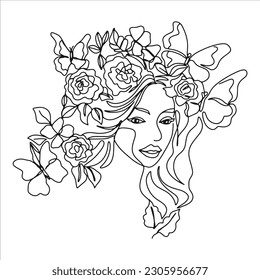 Surreal Faces one line, drawing of set faces and hairstyles, fashion concept, woman's beauty, minimalist, pretty sexy. Contemporary portraits with a positive and surrounded by flowers.