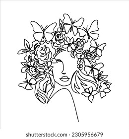 Surreal Rostros una línea, dibujo de caras y peinados, concepto de moda, belleza de la mujer, minimalista, bastante sexy. Retratos contemporáneos con un positivo y rodeado de flores.
