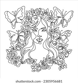 Surreal Rostros una línea, dibujo de caras y peinados, concepto de moda, belleza de la mujer, minimalista, bastante sexy. Retratos contemporáneos con un positivo y rodeado de flores.