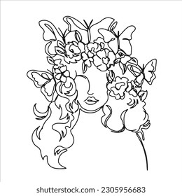 Surreal Faces one line, drawing of set faces and hairstyles, fashion concept, woman's beauty, minimalist, pretty sexy. Contemporary portraits with a positive and surrounded by flowers.
