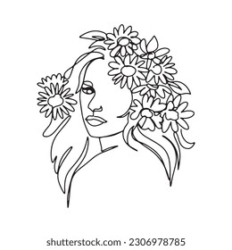 Surreal Rostros una línea, dibujo de caras y peinados, concepto de moda, belleza de la mujer, minimalista, bastante sexy. Retratos contemporáneos con un positivo y rodeado de flores.