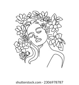 Surreal Faces one line, drawing of set faces and hairstyles, fashion concept, woman's beauty, minimalist, pretty sexy. Contemporary portraits with a positive and surrounded by flowers.