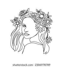 Surreal Faces one line, drawing of set faces and hairstyles, fashion concept, woman's beauty, minimalist, pretty sexy. Contemporary portraits with a positive and surrounded by flowers.