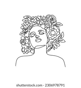 Surreal Faces one line, drawing of set faces and hairstyles, fashion concept, woman's beauty, minimalist, pretty sexy. Contemporary portraits with a positive and surrounded by flowers.