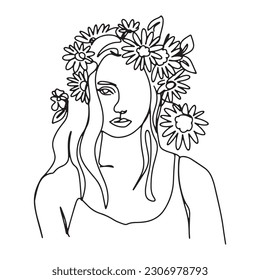 Surreal Rostros una línea, dibujo de caras y peinados, concepto de moda, belleza de la mujer, minimalista, bastante sexy. Retratos contemporáneos con un positivo y rodeado de flores.