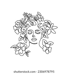 Surreal Rostros una línea, dibujo de caras y peinados, concepto de moda, belleza de la mujer, minimalista, bastante sexy. Retratos contemporáneos con un positivo y rodeado de flores.