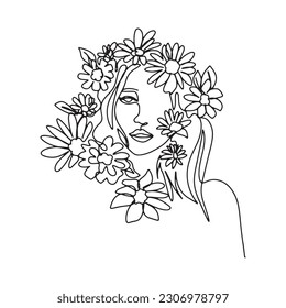 Surreal Faces one line, drawing of set faces and hairstyles, fashion concept, woman's beauty, minimalist, pretty sexy. Contemporary portraits with a positive and surrounded by flowers.