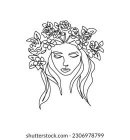 Surreal Faces one line, drawing of set faces and hairstyles, fashion concept, woman's beauty, minimalist, pretty sexy. Contemporary portraits with a positive and surrounded by flowers.