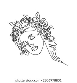 Surreal Faces eine Linie, Zeichnung von Gesichtern und Frisuren, Mode-Konzept, Frauenschönheit, minimalistisch, ziemlich sexy. Zeitgenössische Porträts mit einem positiven und von Blumen umgeben.