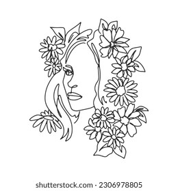 Surreal Rostros una línea, dibujo de caras y peinados, concepto de moda, belleza de la mujer, minimalista, bastante sexy. Retratos contemporáneos con un positivo y rodeado de flores.