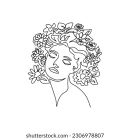 Surreal Rostros una línea, dibujo de caras y peinados, concepto de moda, belleza de la mujer, minimalista, bastante sexy. Retratos contemporáneos con un positivo y rodeado de flores.