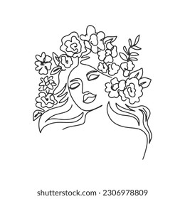 Surreal Faces one line, drawing of set faces and hairstyles, fashion concept, woman's beauty, minimalist, pretty sexy. Contemporary portraits with a positive and surrounded by flowers.