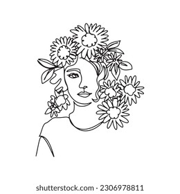 Surreal Faces one line, drawing of set faces and hairstyles, fashion concept, woman's beauty, minimalist, pretty sexy. Contemporary portraits with a positive and surrounded by flowers.