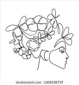 Surreal Rostros una línea, dibujo de caras y peinados, concepto de moda, belleza de la mujer, minimalista, bastante sexy. Retratos contemporáneos con un positivo y rodeado de flores.