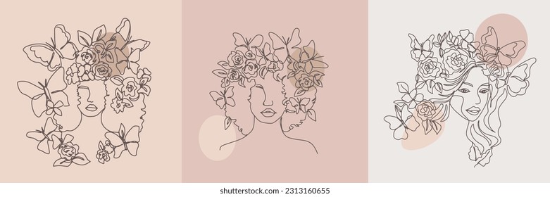 Surreal Faces one line, drawing of set faces and hairstyles, fashion concept, woman's beauty, minimalist, pretty sexy. Contemporary portraits with a positive and surrounded by flowers.