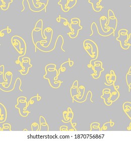 Surreal Faces. Faces One Line Seamless Pattern . Abstract Minimalistic Art design for print, cover, wallpaper, Minimal and natural wall art. Vector illustration on gray background. 