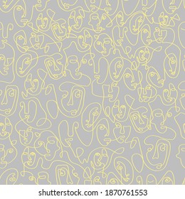 Surreal Faces One Line Seamless Pattern . Abstract Minimalistic Art design for print, cover, wallpaper, Minimal and natural wall art. Vector illustration on gray background.