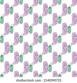 Surreal Faces One Line Seamless Pattern . Abstract Minimalistic Art design for print, cover, wallpaper, Minimal and natural wall art. Vector illustration on white background.