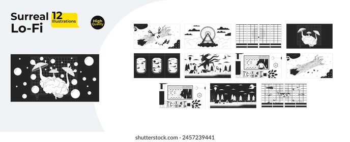 Surreal fantasy black and white lofi wallpapers bundle. Cute ghost forest, trippy mushrooms 2D outline cartoon flat illustrations. Koi fish, ferris wheel vector line lo fi aesthetic backgrounds set