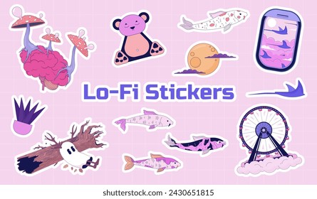 Surreal fantasy cute stickers sheet. Cute ghost, trippy mushrooms kawaii vector illustration set. Carp koi, ray fish, ferris wheel 2D images scrapbooking elements lo fi. Magical cartoon printables