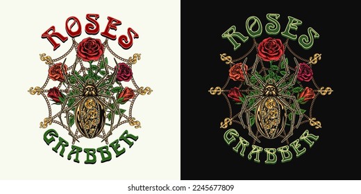 Surreal fantasy label with metallic robot spider in steampunk style, roses, gold dollar sign, text, metallic chain spiderweb behind. For prints, clothing, tattoo, surface design.