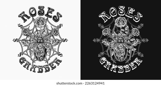 Surreal fantasy label with metallic robot spider in steampunk style, roses, dollar sign, text, spiderweb behind. Monochrome illustration for prints, clothing, tattoo, surface design.