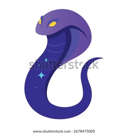 Surreal fantasy vector of a glowing cobra in dark violet-blue gradient, star-like luminous spots along hood and body, striking pose on a white background.