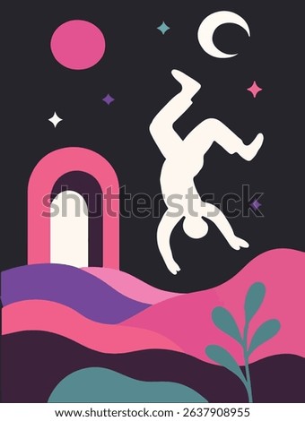 A surreal flat illustration of a human figure flipping upside down under the moonlight. Vivid colors and abstract elements create a dreamlike atmosphere in a fantasy landscape.