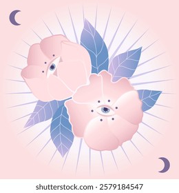 Surreal floral illustration. Two pastel flowers with mystical eyes. Elegant gradient vector card, poster. Cosmic energy, radiating lines, lunar elements. Dreamy, spiritual, ethereal aesthetic