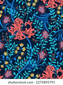 Surreal floral seamless pattern with big glowing flowers, tulips and blue foliage on dark background. Vector illustration.