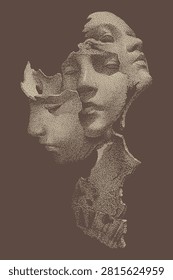 Surreal Fragmented Human Face Dotwork Portrait