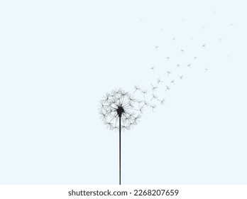 Surreal Freedom concept. vector Illustration of a dandelion vanishing in the sky with the wind.