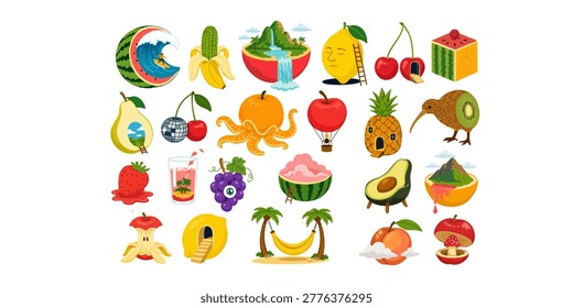 surreal fruit composition set isolated on white background modern concept