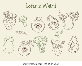 Surreal fruit and vegetable illustrations in clean vector line art style. Minimalist hand-drawn sketch set combining food with fantasy — perfect for patterns, prints, and modern graphic projects