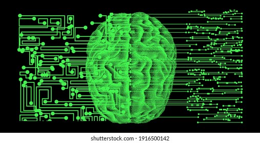 Surreal futuristic composition with printed circuit board and brain on the dark background. Sci-fi vector illustration made in pixel art style.