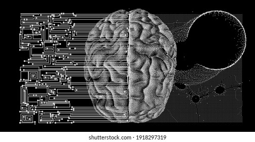 Surreal futuristic composition with printed circuit board and brain on the dark background. Sci-fi vector illustration made in pixel art style.