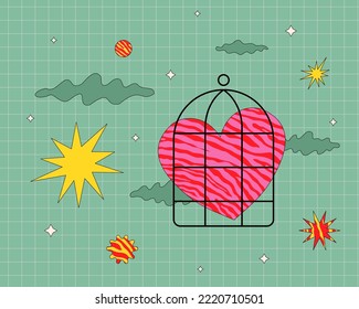 Surreal futuristic illustration with a heart in a cage surrounded by stars, clouds. A symbol of vulnerability, sensitivity, conflict of feelings.