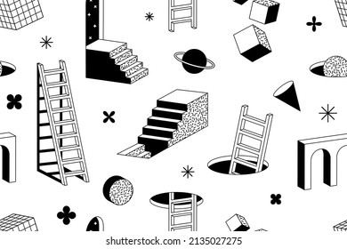 Surreal geometric seamless pattern. Abstract vector background in trendy minimal outline style. Arch, stairs and geometric 3D shapes. Can be used in fashion, web, social media, poster, cover design.