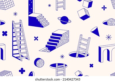 Surreal geometric seamless pattern. Abstract vector background in trendy minimal outline style. Arch, stairs and geometric 3D shapes. Can be used in fashion, web, social media, poster, cover design.