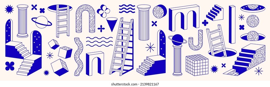 Surreal geometric shapes. Abstract vector elements and signs in trendy minimal outline style. Arch, stairs, column and geometric shapes. Can be used in web, social media, poster, cover design, banner.